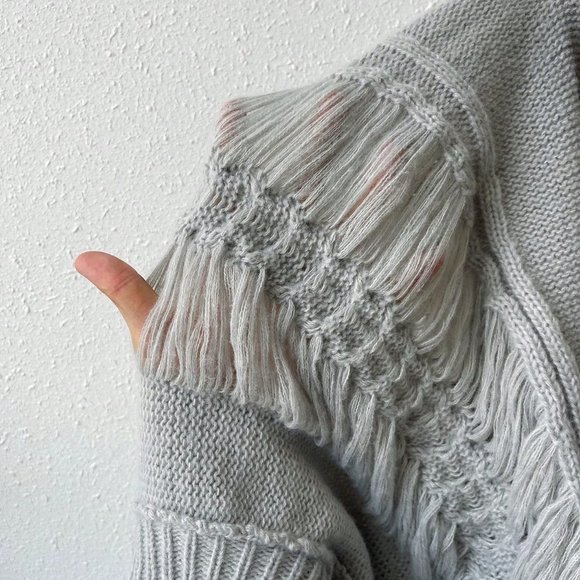 Grey Casual Womens Mock Neck Cable Knit Lantern Sleeve Ripped Sweater - Picture 7 of 7